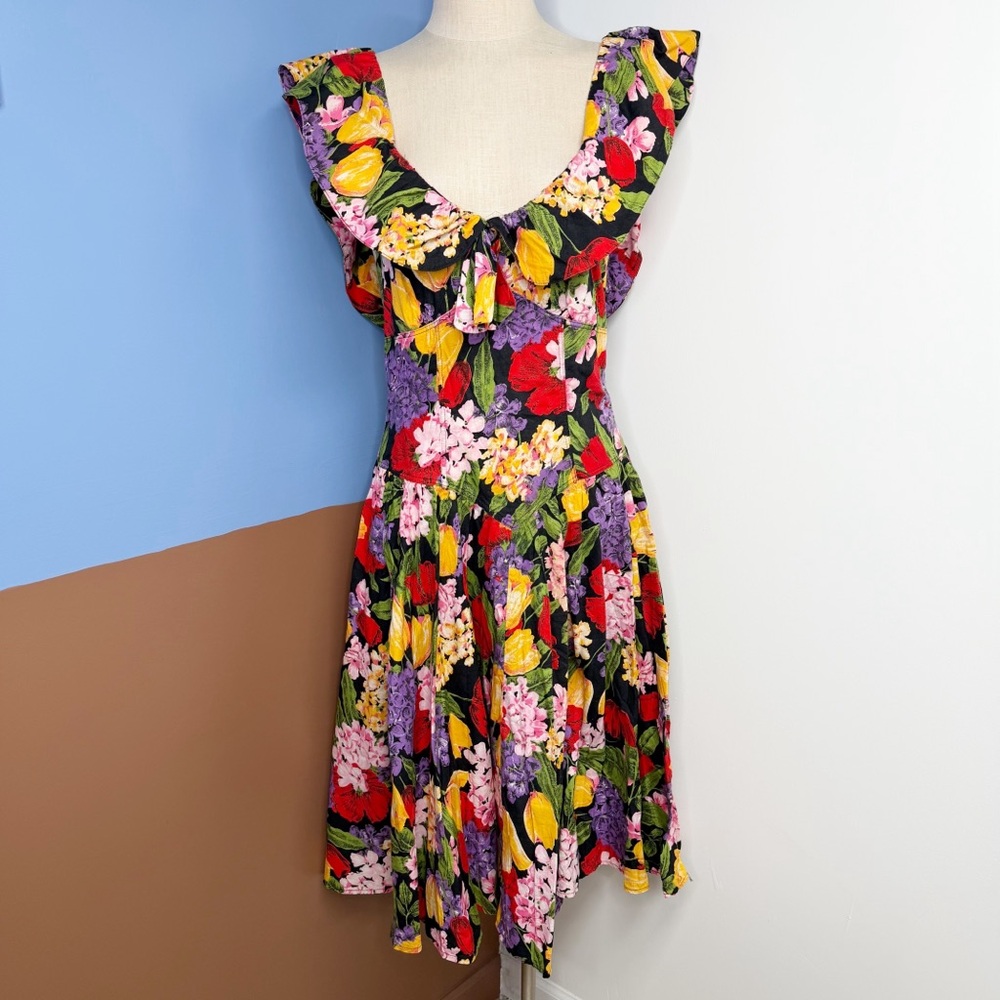 Vintage Antara Vibrant Floral Derby Dress Open Back Bodice 100%‎ Cotton Sz 11/12